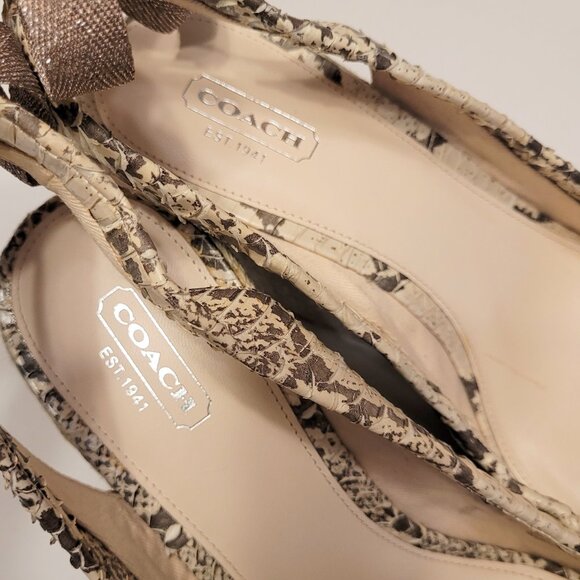 COACH Maritza Snake Skin Peep Toe Slingback Bow Espadrille Wedge - Picture 8 of 9